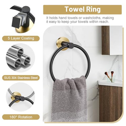 Black Gold Bathroom Hardware Set, 4-Piece Towel Holder Set Include Double Bases Toilet Paper Holder,Towel Ring and 2 Towel Hooks Stainless Steel Wall Mounted Bathroom Hardware Accessories Set - color: Black Gold, size: Set B