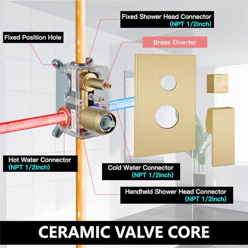 Midanya Shower Faucet Set with Handheld Sprayer,8 Inch,Brushed Gold | Rough-in Shower Valve and Trim Kit Included,Square Rain Head,Wall Mount Shower System,All Metal,Bathroom - color: Gold, size: 8 Inch