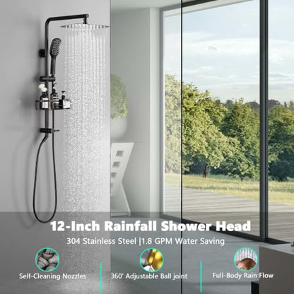 SonTiy Retrofit Rain Shower System Wall Mount, Oil Rubbed Bronze 12 Inch Rain Shower Head with Handheld Jet Spray with Slide Bar, Shower Caddy & Solid Brass Rail for Tall People - color: Oil Rubbed Bronze, style: 1.8 Gallons Per Minute-Square