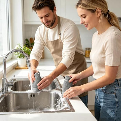 Sink Scrub Brush - Flexible Non Scratch Silicone Scrubber, Suction Cup Cleaning Tool, Built in Squeegee Cleaner | Scrubbing Brush for Bathroom Shower Glass Countertops - color: Gray