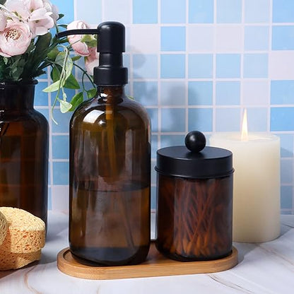 Glass Bathroom Accessory 5 Pcs | 2 Pcs 16oz Amber Soap Dispensers with Stainless Steel Pumps, 2 Pcs Qtip Holder Dispensers with Labels & Bamboo Tray