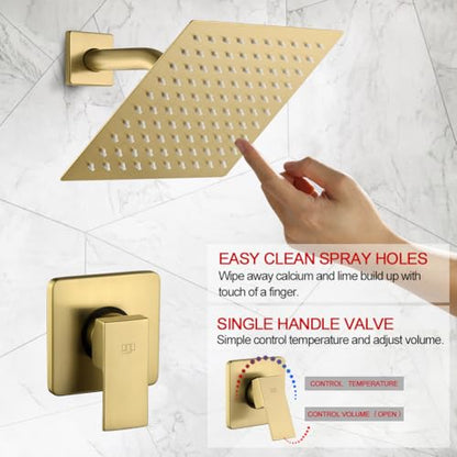 Shower Faucet Set Brushed Gold Bathroom Rainfall 8 Inch Shower Head System, Single Handle Shower Trim Kit with Rough-in Valve - color: Brushed Gold, size: 8 Inch (Wall Mount)