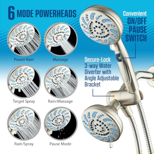 AquaCare 2026 High Pressure Dual Handheld Shower Head Combo w/Pause Switch | Detachable Showerhead Wand, Stay-Clean Jets, Extra-long 6 ft. Stainless Steel Hose, Dual Wall & Overhead Brackets / Nickel - color: Nickel