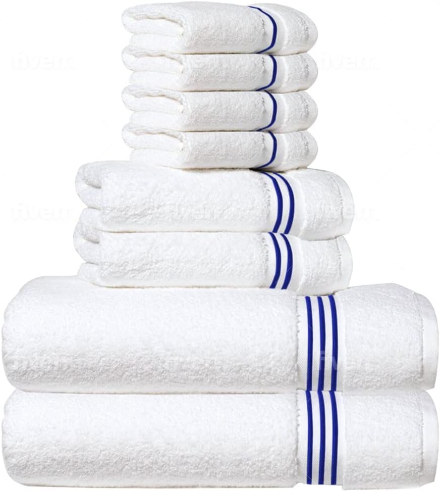 8-Piece Premium Towel Set, 2 Bath Towels, 2 Hand Towels, and 4 Wash Cloths, 100% Ring Spun Cotton Highly Absorbent Towels for Bathroom, Gym, Hotel, and Spa - color: Blue