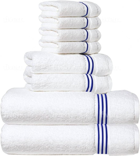 8-Piece Premium Towel Set, 2 Bath Towels, 2 Hand Towels, and 4 Wash Cloths, 100% Ring Spun Cotton Highly Absorbent Towels for Bathroom, Gym, Hotel, and Spa - color: Blue