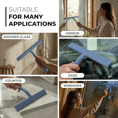 Silicone Shower Squeegee for Glass Doors & Mirrors with Stainless Steel Core, Streak-Free & No-Squeak Window Cleaning, 3-in-1 No-Drill Mount (Hook/Suction/Adhesive),Blue, 11 Inches | Streak-Free & No-Squeak Window Cleaning, Stainless Steel Core, Hook/Suct