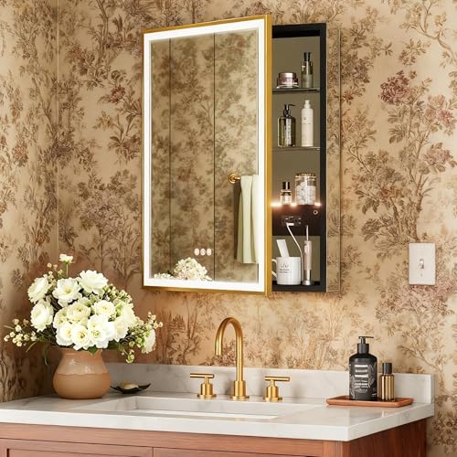 24x32 Premium Gold Framed Medicine Cabinet with Lights, 3-Color/Dimmable, Anti-Fog, Aluminum, Plug-in & Hardwired, Surface Mount & Recessed, Centered Outlets & USB Ports, Magnetic Area - color: Gold, size: 24x32(L)