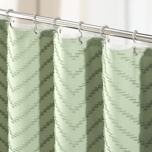 Extra Long Shower Curtain and Liner Set - 84 inch Tall Boho Shower Curtain and Waterproof Clear Liner, Tufted Chevron Striped Tassel Shower Curtains for Bathroom, 12 Hooks, 72x84, Sage Green - color: Sage Green, size: 72"W x 84"L (Pack of 1)