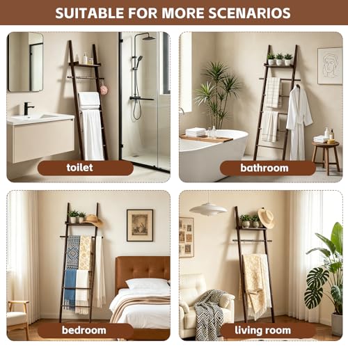 6-Tier Farmhouse Wooden Blanket Ladder with Shelf and Hooks Dark Brown | Rustic Quilt Towel Rack Decorative Holder Wall Leaning Storage with for Living Room Bedroom Decor