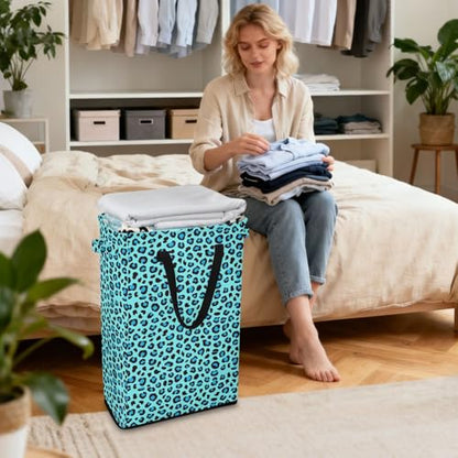 Leopard Cheetah Aqua Laundry Hamper Dirty Clothes Laundry Basket Bin for Bedroom Bathroom with Handles Slim Tall Collapsible Waterproof Freestanding 48L - color: Leopard cheetah Aqua
