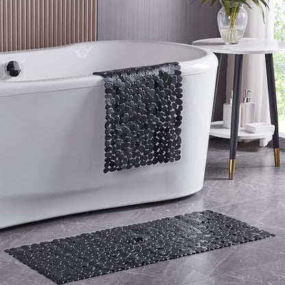 Webos Bath Shower Mat Non Slip: Extra Large Pebble Bathtub mat for Families, Anti Slip Shower Matt with Drain Holes Suction Cups Tub Mat - 16 X 40 Inch Black - color: Pebble Black