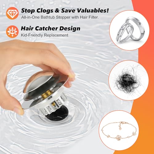Universal 3-in-1 Bathtub Drain Stopper with Hair Catcher, 1.45-1.8 inch (2, Sliver)