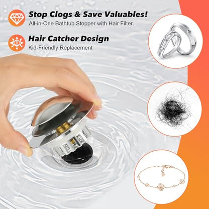 Universal 3-in-1 Bathtub Drain Stopper with Hair Catcher, 1.45-1.8 inch (2, Sliver)