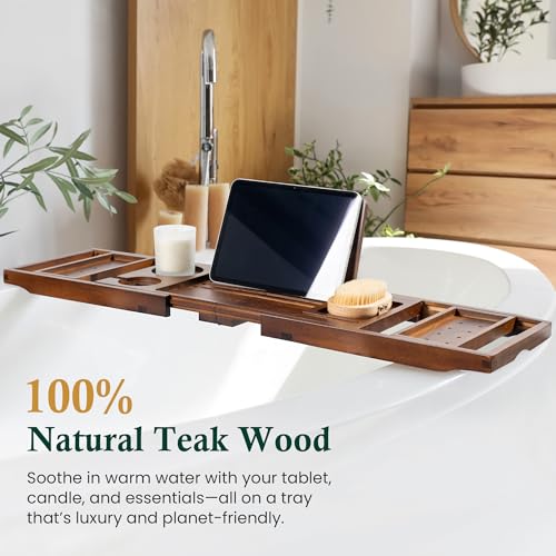 Teak Bathtub Tray Caddy, Adjustable Wood Bath Organizer | Rich Brown Wood Finish, Built-In Wine Glass Holder, Phone Dock & Book Stand, Water-Resistant Seal, Spa Design - color: Classic Brown Teak