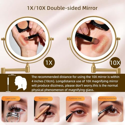 Wall Mounted Makeup Mirror with Lights, 8" Rechargeable 1X/10X Magnifying Mirror, 360° Swivel Extendable Arm, 3 Color LED (1, Gold) - color: Gold