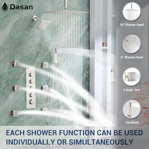 Dasan Thermostatic Dual Shower System with 6 Body Jets, 6-Inch Shower & 16” Rainfall Shower, Luxury Brushed Nickel Shower Faucet Set Rain Shower System for Couples/ 2-Person - color: Brushed Nicke