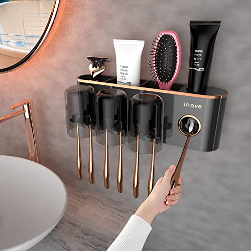 iHave Toothbrush Holders for Bathrooms Wall Mounted with Dispenser & 3 Cups | 9 Slots Wall Mount Toothbrush Holders for Bathrooms with Squeeze Toothpaste Dispenser, 3 Cups & 3 Compartments Organizer - color: Black 3 Cups