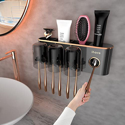 iHave Toothbrush Holders for Bathrooms Wall Mounted with Dispenser & 3 Cups | 9 Slots Wall Mount Toothbrush Holders for Bathrooms with Squeeze Toothpaste Dispenser, 3 Cups & 3 Compartments Organizer - color: Black 3 Cups