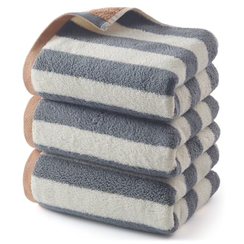 REDKISS Striped Hand Towels for Bathroom, Kitchen Decor, Guest Use, Ultra Soft and Highly Absorbent for Kids Adults, 100% Cotton, 12” x 28”, 3 Pack, Grey - color: Gray 03
