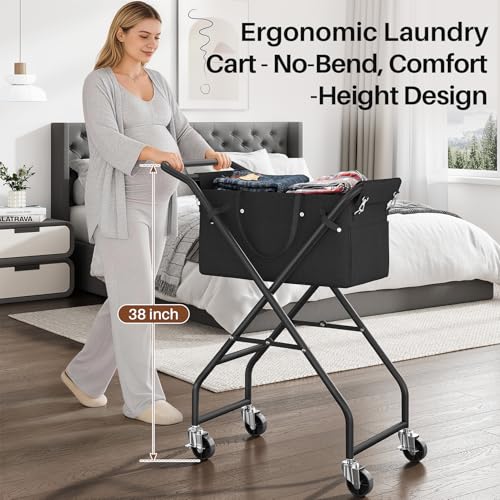 No-Bend Laundry Cart- Rolling Hamper with Locking Wheels & Handle, Foldable Basket Screw-Free Assembly, Durable Metal Frame & Removable Liner Bag for Bedroom & Bathroom (Black) - color: Black