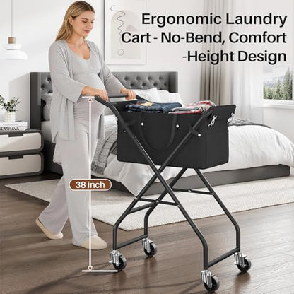 No-Bend Laundry Cart- Rolling Hamper with Locking Wheels & Handle, Foldable Basket Screw-Free Assembly, Durable Metal Frame & Removable Liner Bag for Bedroom & Bathroom (Black) - color: Black