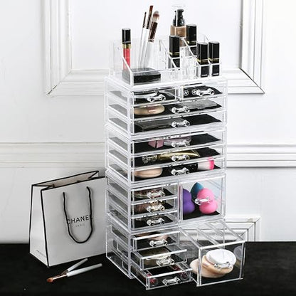 Ikee Design 5 Pcs Acrylic Makeup Organizer, 15 Drawers Lipstick Holders | 5 Pcs Set Acrylic Makeup Organizer with 15 Drawers and Removable Top Lipstick Holders, Make-up,Your Vanity or Bathroom - color: 1d) 1 Top 15 Drawers