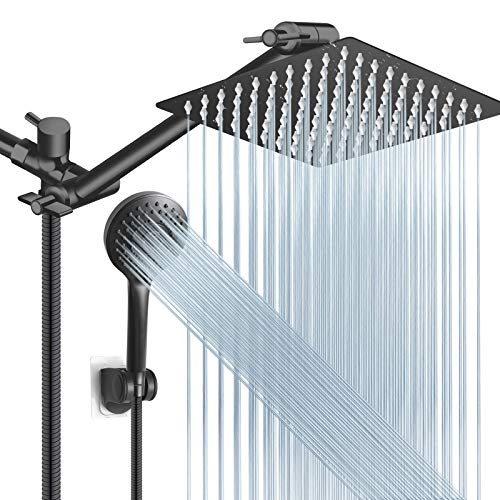 Shower Head Combo, 8 Inch High Pressure Rain with 11 Inch Adjustable Extension Arm and 5 Settings Handheld, Powerful Spray Against Low Water Pressure- Matte Black - color: Matte Black, size: 8" Showerhead Set
