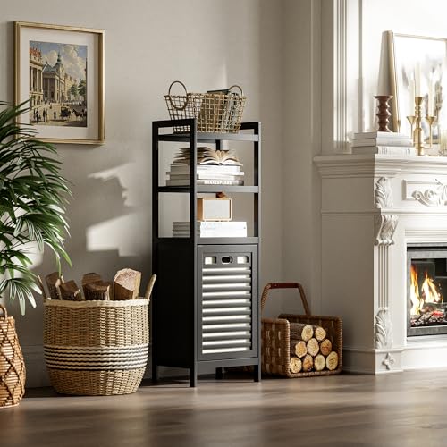 HITNET Tilt Out Laundry Hamper, Bamboo Bathroom Cabinet with Pull Out Removable Bag and 3 Tier Storage Shelves, 10 Gal Clothes Basket with Metal Handle, Black - color: Black