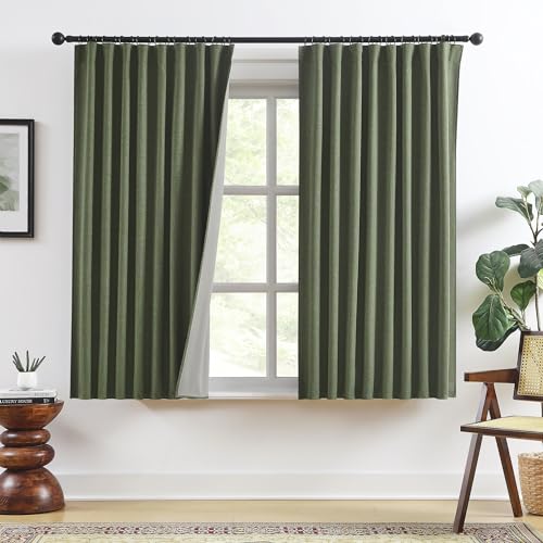 RAIN CITY Dark Olive Green Blackout Curtains Linen 63 Inches Long 2 Panels Set, Back Tab Pleated Look Thermal Insulated Curtains & Drapes for Living Room - Loden/Olive Forest W50 x L63 | Back Tab Thermal Insulated Linen Light Blocking Curtains & Drapes fo