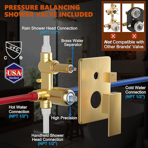 Kurpot Gold Shower System, 10'' Square Rainfall Shower Head with Handheld Combo Spray, Bathroom Brushed Gold Shower Faucet Set with Valve, 59'' Shower Hose, Shower Trim Kit and Diverter, Wall Mounted - color: Brushed Gold