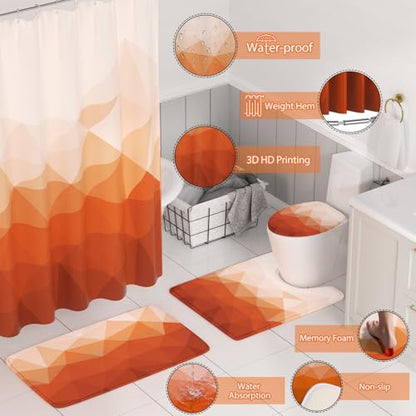 XLHOMO Bathroom Accessory Set - 26PC Bathroom Shower Curtain and Rug Set, Bathroom Accessories Set, Orange Bathroom Set with Trash Can, Toilet Brush, Qtip Holder & Soap Dispenser - style: Orange