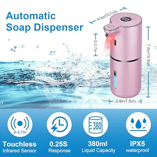 OHIFAST Automatic Foaming Soap Dispenser Touchless, USB Rechargeable Smart Hand Soap Dispenser, 6-Level Adjustable, 12.8oz/380mL Wall Mounted for Bathroom Kitchen Dish Soap-Rose Gold - color: Rose Gold, style: Foam