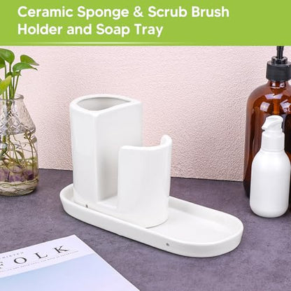 Ceramic Kitchen Sink Organizer Sponge Holder and Dish Brush Holder and Soap Tray for Kitchen Sink Organizer, White - color: White