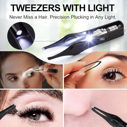 LED Lighted Tweezers & 40X Magnifying Mirror with Suction Cup Set, 2 in 1 No-Hands Makeup Mirror with Light and Precision Light Up Tweezers(Black) - color: Black