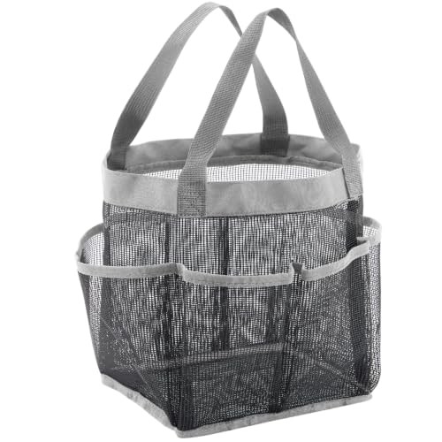Lifewit Mesh Shower Caddy Portable for College Dorm Room Essentials with 7 Pockets, Freestanding Hanging Organizer Basket, Quick Dry Tote Bag for Camping, Bathroom, Beach, Travel, 1 Pack, Grey | 2 Handles, Freestanding, Quick Dry Tote Bag, 7 Pockets, for
