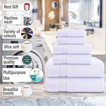 6 Piece 100% Cotton Bath Towel Set - 2 Bath - 2 Hand - 2 Face, White | 100% Cotton • Thick & Plush • Hotel Quality • Ultra Soft • Highly Absorbent • Quick Dry • Low Lint • Machine Washable - color: White