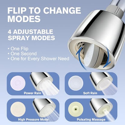High Pressure Fixed Showerhead with Patented Dual-Sided Flip Reverse Flush, Flip Faceplate to Clear Clogs or Switch Modes, Anti-Leak, Adjustable Swivel Joint, 4 Modes Total, Chrome