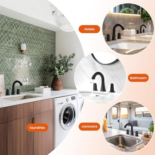 Pull Down Bathroom Faucet Black- Matte Black Sink Faucet with Sprayer, Bathroom Pull Out Faucets, 2-Handles Widespread Vanity Faucets 3 Hole 8 Inch 360 Swivel Spout with Pop-up Drain & Lines - color: Black