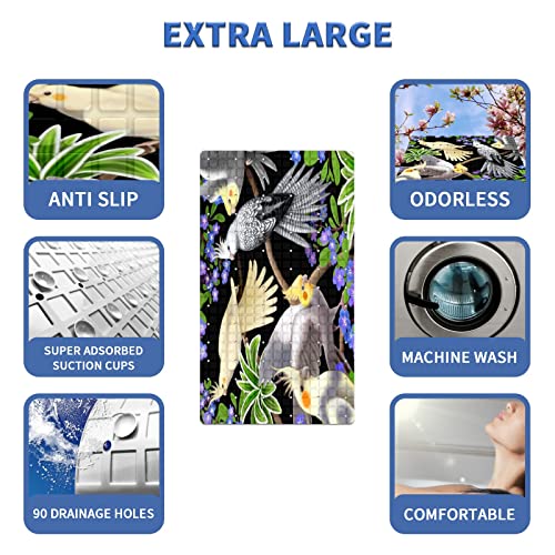 Bath Tub Mat Non Slip Shower Mat Cockatiel Parrots Budgie Extra Long Bathtub Mat 26.8x15 inches Bathroom Bath Mat with Suction Cups Drain Holes Machine Washable - color: Cockatiel Parrots Budgie