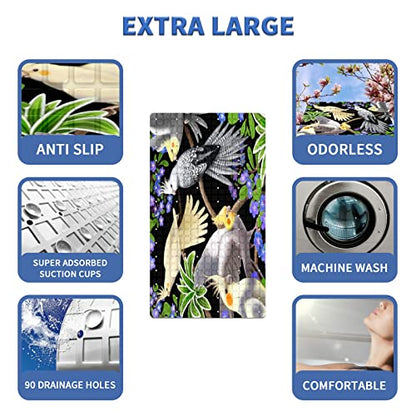 Bath Tub Mat Non Slip Shower Mat Cockatiel Parrots Budgie Extra Long Bathtub Mat 26.8x15 inches Bathroom Bath Mat with Suction Cups Drain Holes Machine Washable - color: Cockatiel Parrots Budgie
