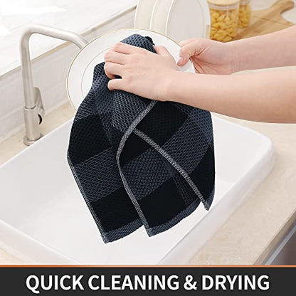 Homaxy 100% Cotton Plaid 4 Pack Kitchen Towels, 13" x 28", Black & Grey | Waffle Weave, Plaid, Super Soft and Absorbent Dish Towels, Quick Drying, Multi-Purpose - color: Black & Grey, size: 13 x 28 - 4 Pack