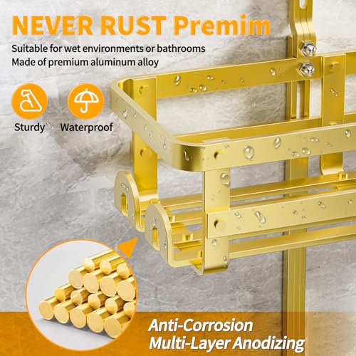 Aluminum Shower Caddy Hanging, Never Rust Shower Organizer | 4 Levels with adjustable Height 10 Hooks for Razor/Sponge - Rack with Soap Basket (Gold) - color: Gold