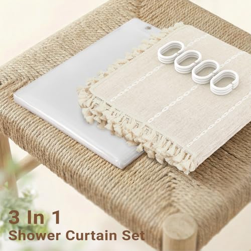 BTTN 3 in 1 Shower Curtain with Liner, 96 Extra Long Boho Linen Striped Cloth Shower Curtain Set with Hook, Tall Farmhouse Bohemian Waterproof Fabric Shower Curtain for Bathroom, Cream/Beige, 72x96 - color: Cream With Liner, size: 72"W x 96"L (Pack of 1)