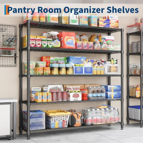 Garvee Storage Shelves, 5-Tier Metal Shelving Units with Wheels, 73" H x 59" W x 17.1" D, 3300 LBS Heavy Duty Wire Shelving Rolling Rack for Garage Kitchen Home Basement, Adjustable, Black | 76.8"Hx59"Wx17.7"D, Adjustable, Heavy Duty, Wire Shelving Rack,