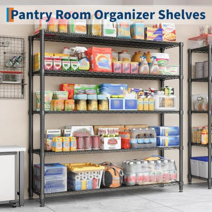 Garvee Storage Shelves, 5-Tier Metal Shelving Units with Wheels, 73" H x 59" W x 17.1" D, 3300 LBS Heavy Duty Wire Shelving Rolling Rack for Garage Kitchen Home Basement, Adjustable, Black | 76.8"Hx59"Wx17.7"D, Adjustable, Heavy Duty, Wire Shelving Rack,