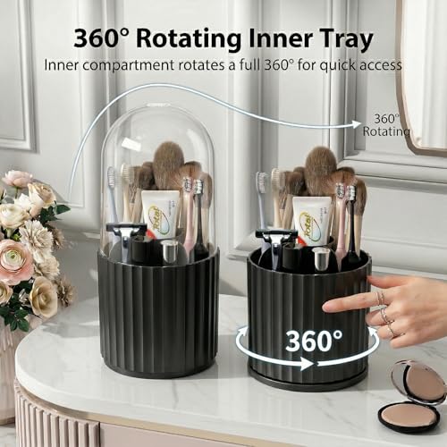 Toothbrush Holder with Sliding Lid, Toothbrush Holders for Bathrooms,360° Rotating Makeup Brush Storage Rack - Waterproof and Dustproof, Toothbrush Toothpaste Holder Beauty Brush (Black) - color: Black