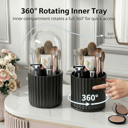 Toothbrush Holder with Sliding Lid, Toothbrush Holders for Bathrooms,360° Rotating Makeup Brush Storage Rack - Waterproof and Dustproof, Toothbrush Toothpaste Holder Beauty Brush (Black) - color: Black