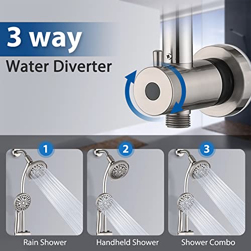 Rainfall Shower Head with Handheld Shower Spray, with 26" Drill Free Adjustable Height Slider Bar, High Pressure Dual Shower Head Combo, 3-Way Diverter for Easy Reach, 5Ft Hose-Brushed Nickel - color: Brushed Nickel