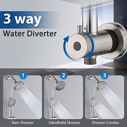 Rainfall Shower Head with Handheld Shower Spray, with 26" Drill Free Adjustable Height Slider Bar, High Pressure Dual Shower Head Combo, 3-Way Diverter for Easy Reach, 5Ft Hose-Brushed Nickel - color: Brushed Nickel