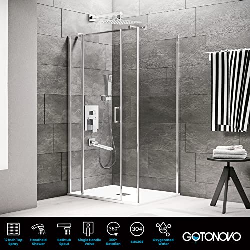 gotonovo Tub Shower Faucet Set with Valve Kit 12’’ Head,Polished Chrome | Shower System with Tub Spout,SUS304 Rain Head with Handheld Sprayer,Swivel Spout,All Metal,Rough-In Valve Trim Kit,Wall Mount - color: Chrome, size: 12’’ Head
